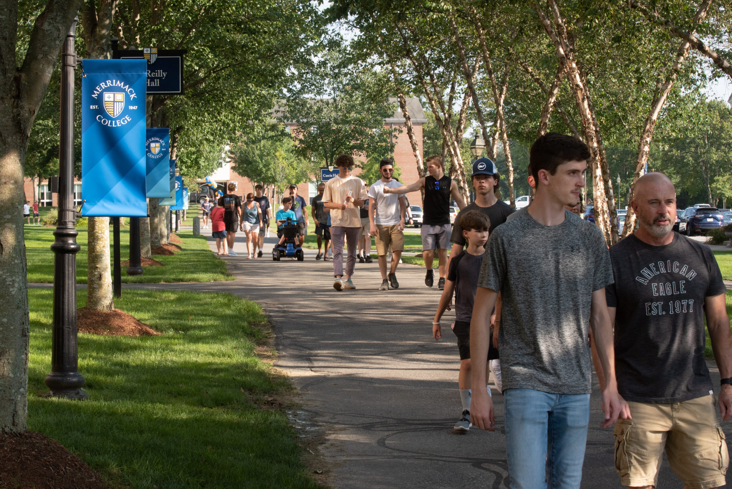 Merrimack College students walking to class together