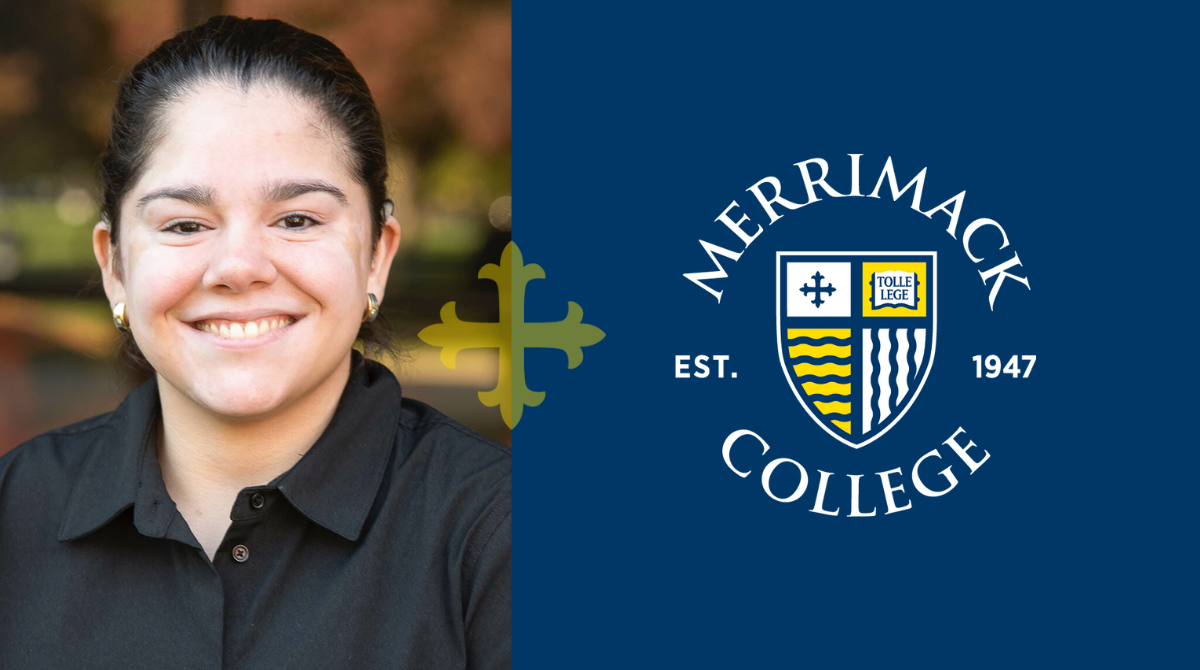 Headshot of Isabel Fernandes edited next to the Merrimack College logo