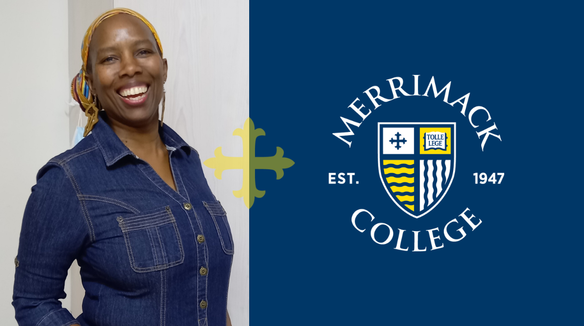 Headshot of Khanyisa Manzini superimposed next to the Merrimack College logo.