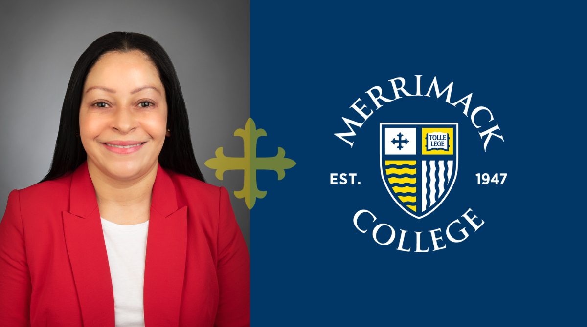 Headshot of Raquel Perez next to the Merrimack College logo.