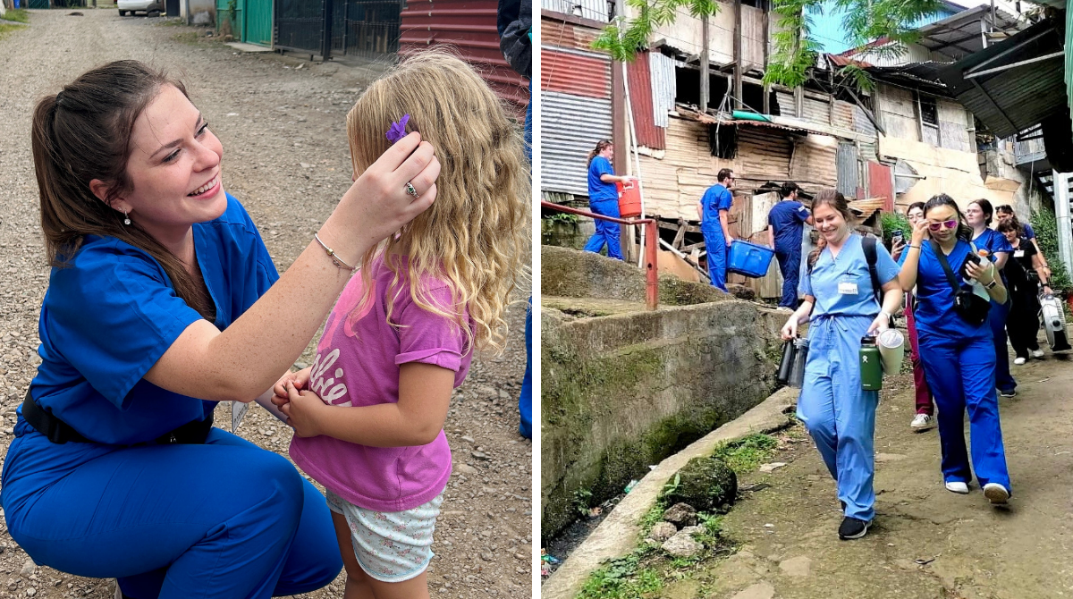 Two photos of Shannon Connolly speaking with a child and leading Merrimack students around a Costa Rican village