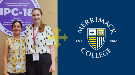 Photo of Dr. Azam Noori and Erin Lincoln standing side-by-side superimposed next to the Merrimack College logo